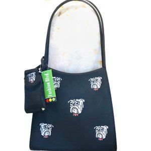 NWT-Womens Black stand up purse with holder on‎ side, and Bulldogs all over NWT